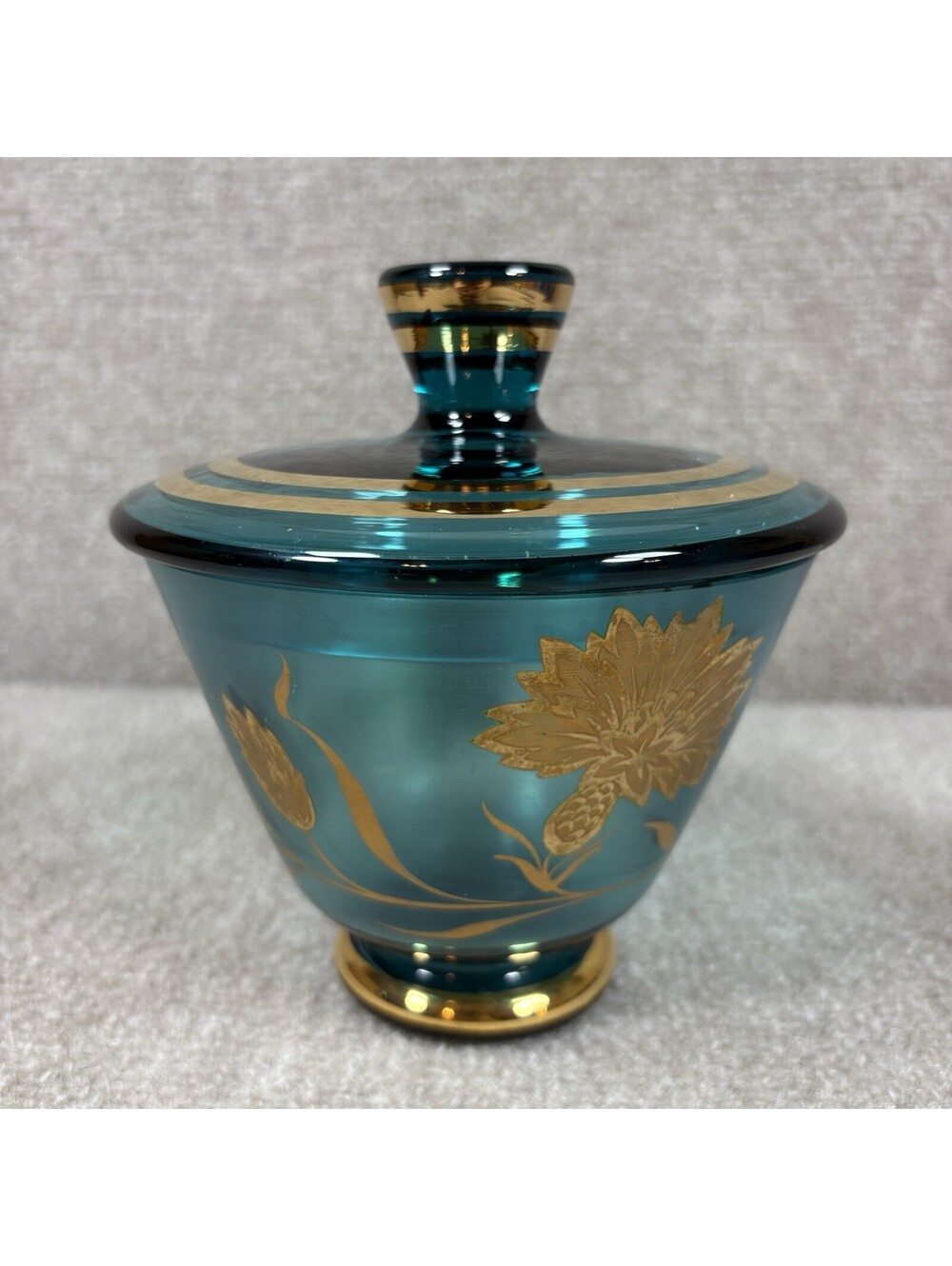 Vtg Czech Bohemian Aqua Blue/Gold Glass with Enamel Flowers Lidded Gold Accent